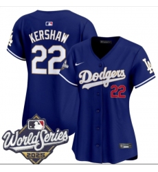 Women's Los Angeles Dodgers #22 Clayton Kershaw Royal 2025 World Series Limited Stitched Baseball Jersey(Run Small)