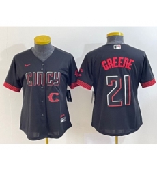 Women's Cincinnati Reds #21 Hunter Greene Black 2023 City Connect Cool Base Stitched Jersey1