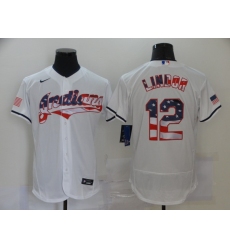Men's Nike Cleveland Indians #12 Francisco Lindor White 2020 Stars & Stripes 4th of July Jersey