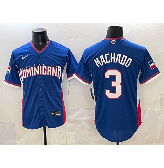Men's Dominican Republic Baseball #3 Manny Machado Royal 2026 World Baseball Classic Road Stadium Stitched Jersey