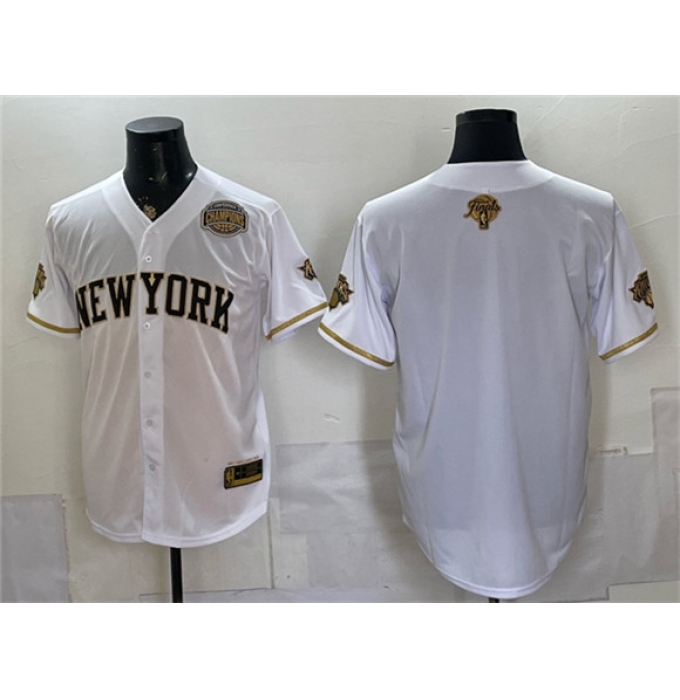 Men's New York Knicks Blank White Gold 2026 Finals & Eastern Conference Champions Stitched Baseball Jersey