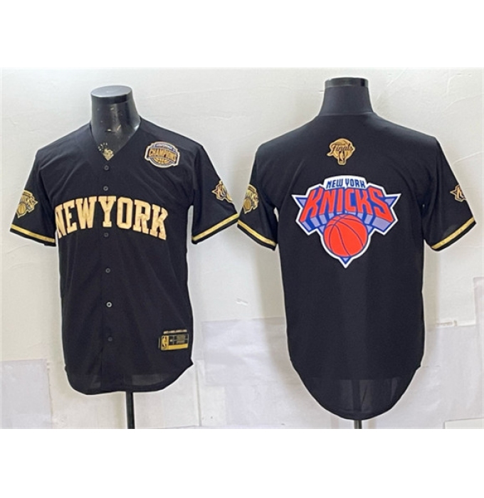 Men's New York Knicks Team Big Logo Black Gold 2026 Finals & Eastern Conference Champions Stitched Baseball Jersey