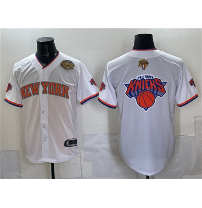 Men's New York Knicks Team Big Logo White 2026 Finals & Eastern Conference Champions Stitched Baseball Jersey