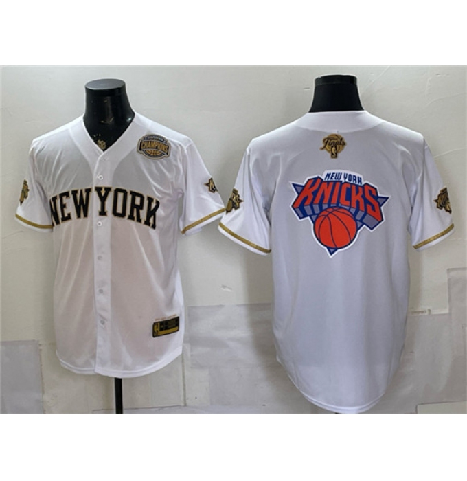 Men's New York Knicks Team Big Logo White Gold 2026 Finals & Eastern Conference Champions Stitched Baseball Jersey