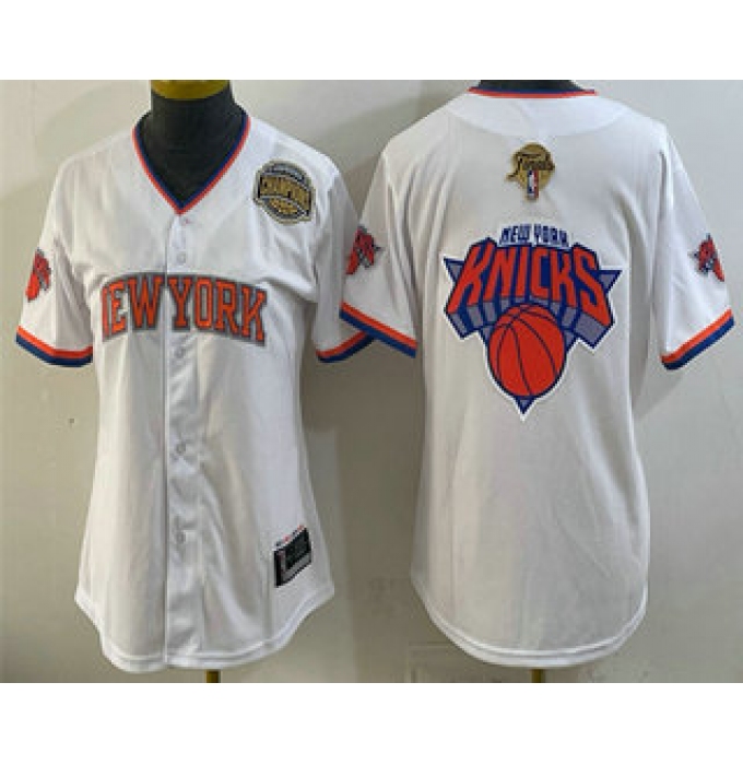 Women's New York Knicks Team Big Logo White 2026 Finals Eastern Conference Champions Stitched Baseball Jersey
