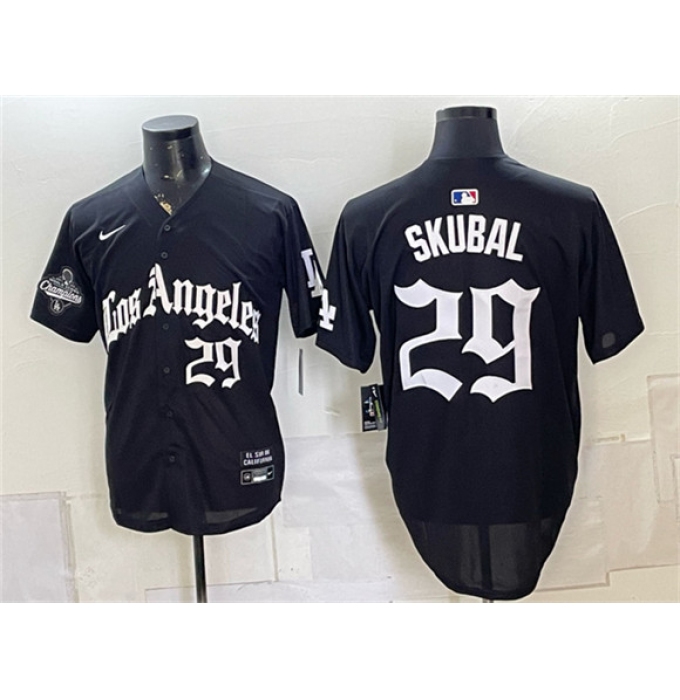 Men's Los Angeles Dodgers #29 Tarik Skubal Black LA Gothic Style 2025 World Series Champions Limited Stitched Baseball Jersey