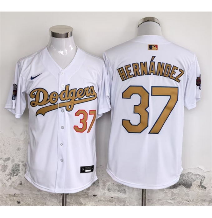 Men's Los Angeles Dodgers #37 Teoscar Hernández White Gold 2025 Cool Base Stitched Baseball Jersey