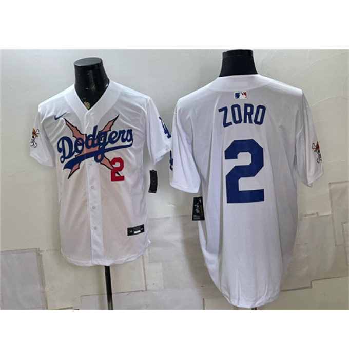 Men's Los Angeles Dodgers x One Piece #2 Zoro White Vapor Premier Limited Stitched Baseball Jersey