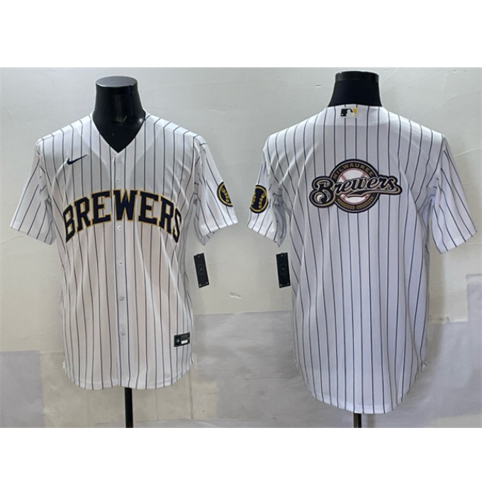 Men's Milwaukee Brewers Team Big Logo White Pinstripe 2025 With Stitched Baseball Jersey